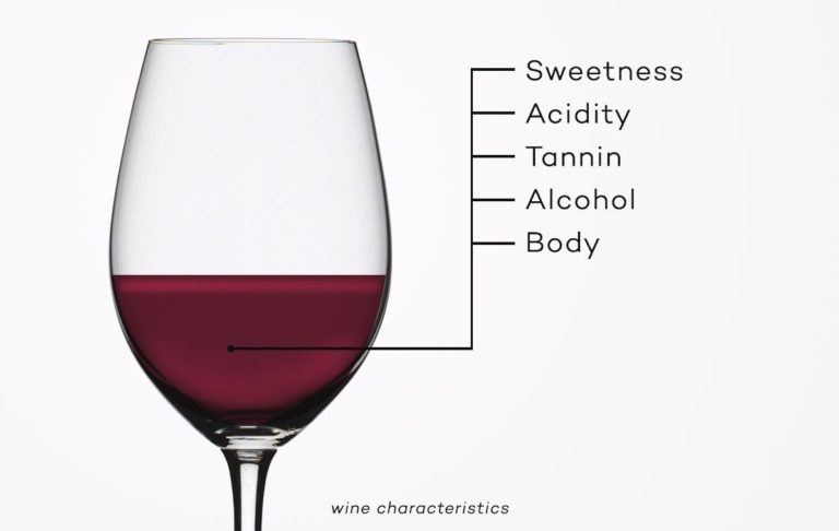 A wine glass with a line drawn from it to the words Sweetness, Acidity, Tonnin, Alcohol, and Body.