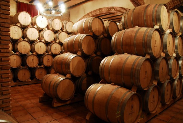 A room full of oak barrels.