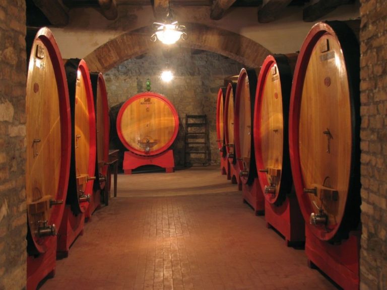 Nine extremely large oak barrels on the left, right, and back wall of a room.