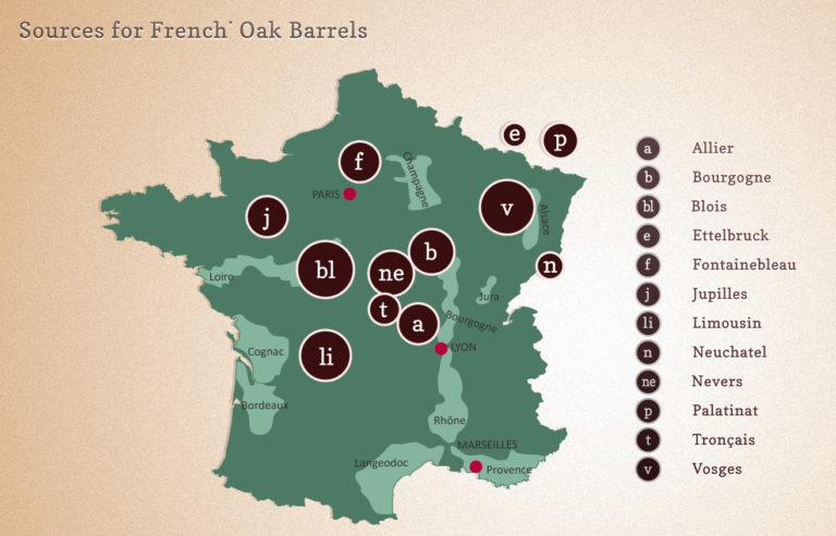 An image of France detailing the sources of French Oak Barrels.