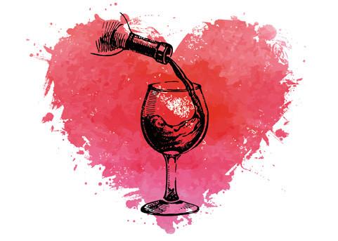 A heart image with a wine bottle being poured into a glass in the center.
