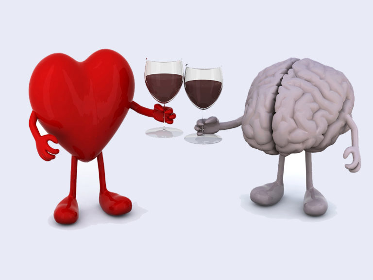 Caricatures of a heart and a brain holding glasses of wine and clinking them.